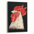 Framed canvas wall art featuring a unique chicken design, showcasing intricate details and vibrant colors, displayed against a sleek black background. Perfect for adding a touch of whimsy to home decor.