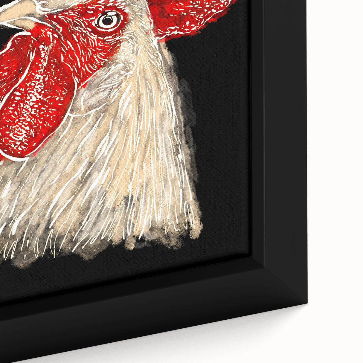 Close-up of a framed canvas featuring a vibrant chicken design, showcasing intricate details and bold colors, perfect for home decor or wall art collection.