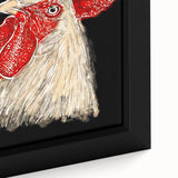 Close-up of a framed canvas featuring a vibrant chicken design, showcasing intricate details and bold colors, perfect for home decor or wall art collection.