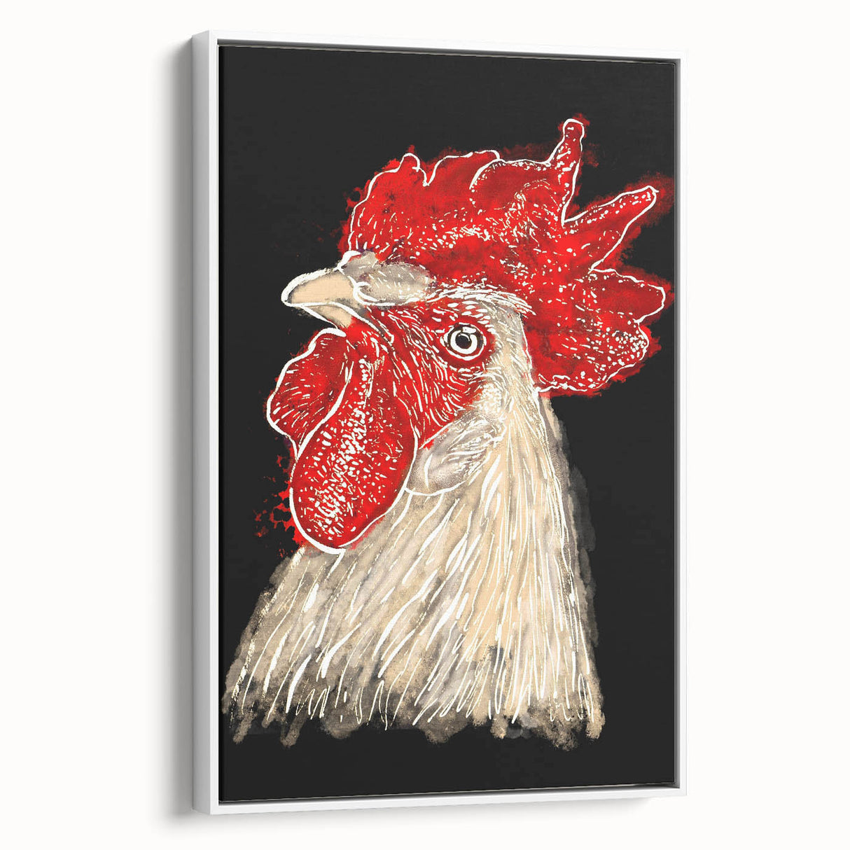 Framed wall art featuring a colorful chicken design on a textured canvas, displayed from the side against a white backdrop, ideal for modern home decor.