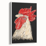 Framed wall art featuring a colorful chicken design on a textured canvas, displayed from the side against a white backdrop, ideal for modern home decor.
