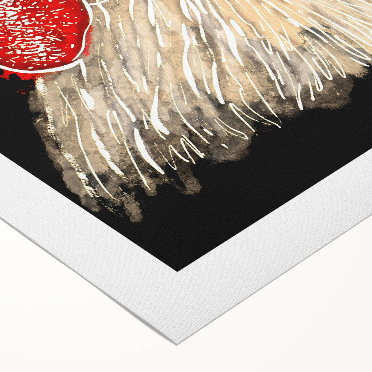 Rolled canvas print showcasing a vibrant chicken design, perfect for home decor, highlighting intricate details and bright colors, ideal for animal lovers.