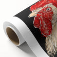 Rolled canvas wall art featuring a vibrant chicken design with intricate details and bright colors, ideal for adding a whimsical touch to any decor.