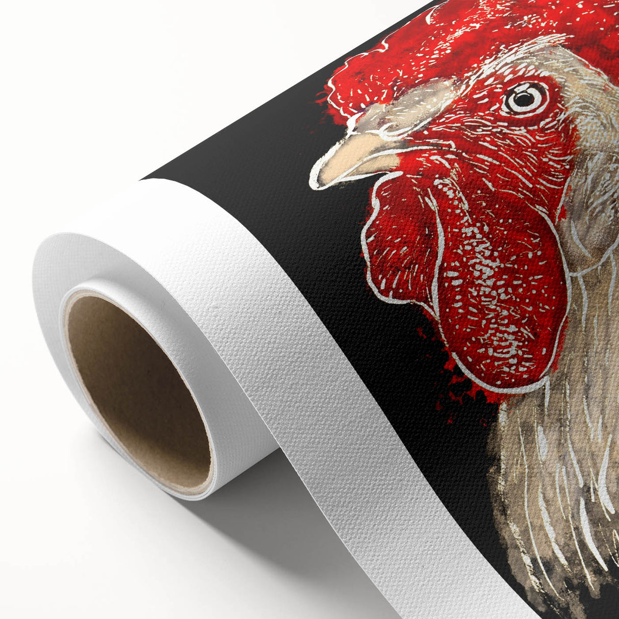 Rolled canvas wall art featuring a vibrant chicken design with intricate details and bright colors, ideal for adding a whimsical touch to any decor.