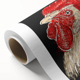 Rolled canvas wall art featuring a vibrant chicken design with intricate details and bright colors, ideal for adding a whimsical touch to any decor.