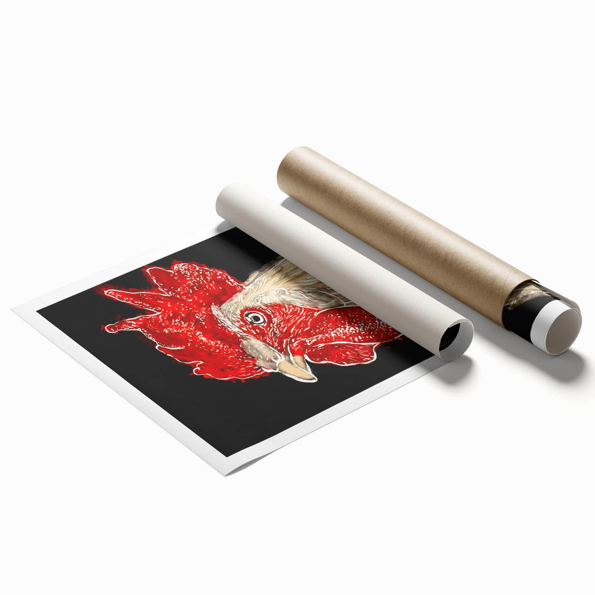 Rolled print showcasing a vibrant chicken-themed wall art design, featuring intricate details and bright colors, perfect for enhancing home decor.
