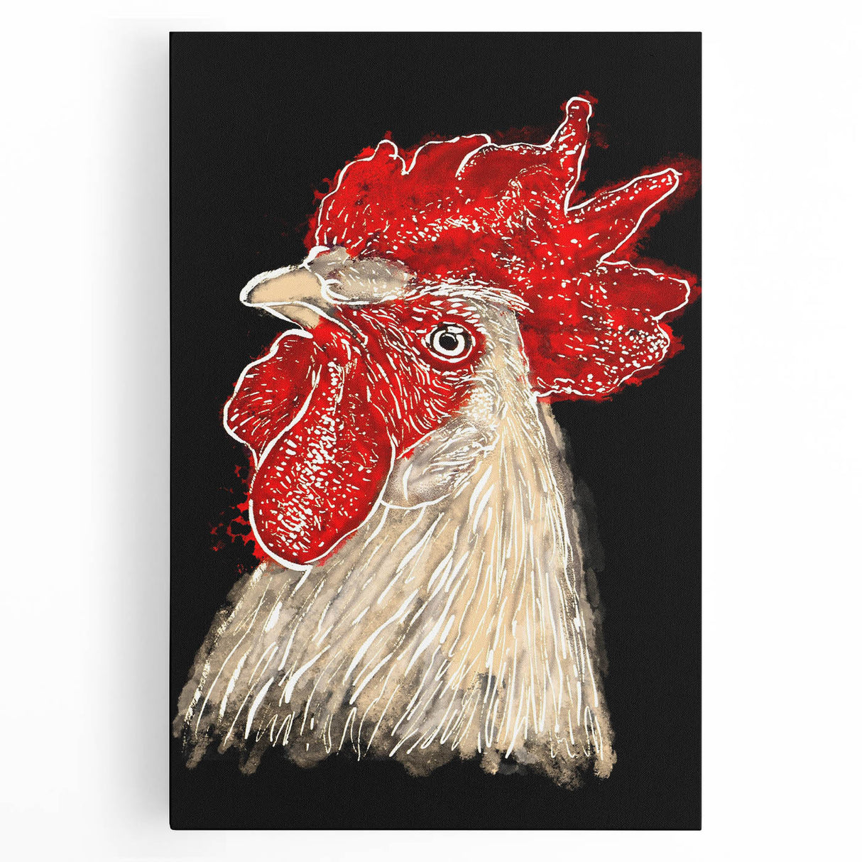 Colorful stretched canvas wall art featuring a whimsical chicken design, ideal for home decor. Perfect for adding a playful touch to kitchens or dining areas.
