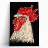 Stretched canvas wall art showcasing a vibrant chicken design in a playful style, perfect for adding a whimsical touch to home decor. Ideal for animal lovers.