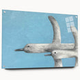 Elegant wall art featuring a crane design printed on acrylic glass, showcasing vibrant colors and intricate details, displayed from a side view with pins for mounting.