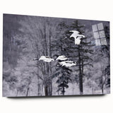 Side view of a modern wall art collection featuring a crane design printed on acrylic glass, showcasing vibrant colors and sleek edges, perfect for contemporary decor.