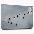 Elegant wall art featuring a side view of a crane design on acrylic glass, showcasing intricate details and vibrant colors, mounted with stylish pins for display.