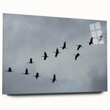 Elegant side view of a crane design wall art piece made from acrylic glass, showcasing intricate details and vibrant colors, perfect for modern decor.
