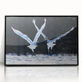 Framed wall art featuring a striking black crane design on a white background, showcasing modern decor style, ideal for living room or office aesthetics.