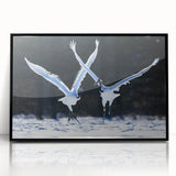 Framed wall art featuring a striking black crane design on a white background, showcasing modern decor style, ideal for living room or office aesthetics.