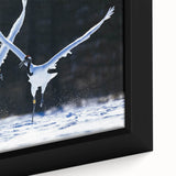 Close-up of a framed canvas wall art featuring an elegant crane design, showcasing intricate details in soft pastel colors, perfect for modern home decor.