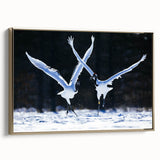 Framed wall art featuring a striking crane design on canvas with a gold frame, showcasing elegant colors and intricate details, perfect for modern home decor.