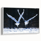 Framed canvas wall art featuring an elegant crane design in soft colors, showcasing a modern aesthetic with a white frame, ideal for contemporary decor.