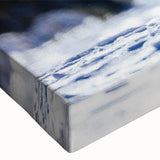 Close-up of a stretched canvas featuring a vibrant crane design in shades of blue and gold, showcasing intricate details and fine textures, perfect for modern decor.