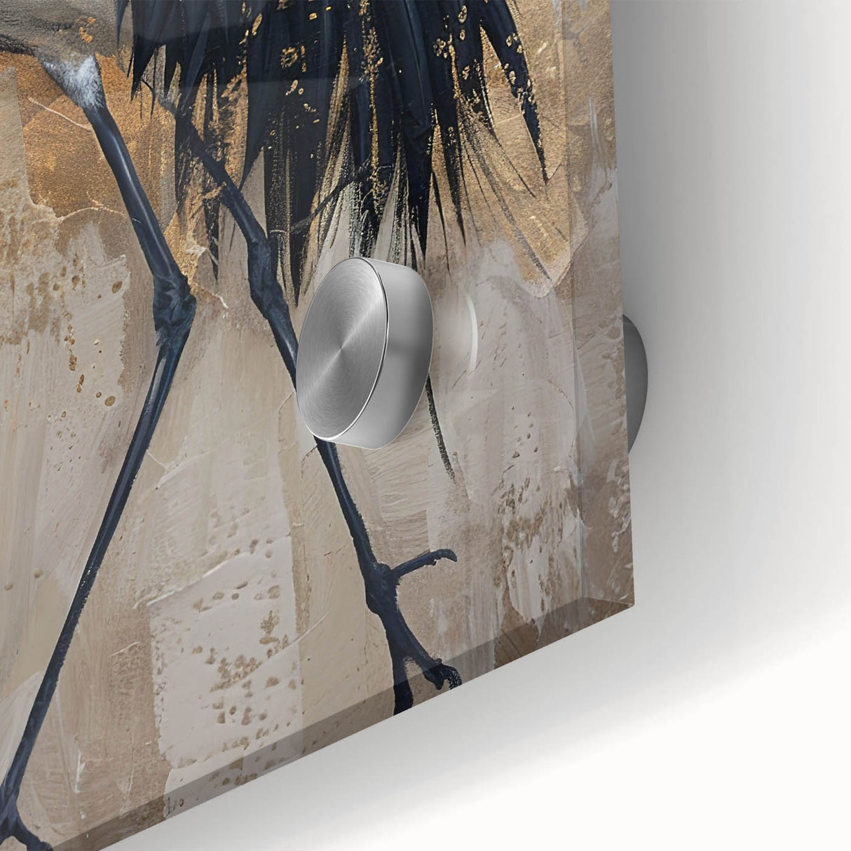 Close-up of a vibrant crane design wall art piece showcasing intricate details and colors, crafted on acrylic glass, perfect for modern home decor.