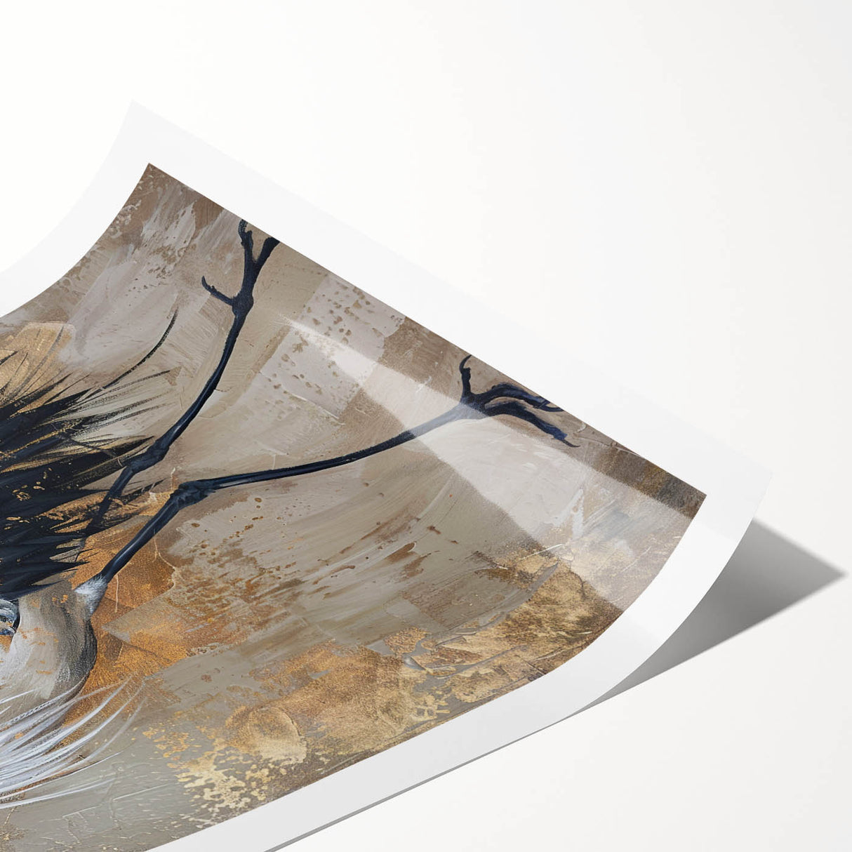 Elegant rolled print showcasing a stunning crane design, part of a nature-inspired wall art collection. The artwork features vibrant colors and intricate details, perfect for enhancing home decor.