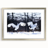 Framed wall art featuring a graceful crane design with intricate details, set in a sleek silver frame with a mat, ideal for enhancing modern decor.