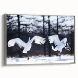 Framed wall art featuring a silver-bordered crane design on canvas, showcasing intricate details and elegant colors, perfect for home decor or art collection.