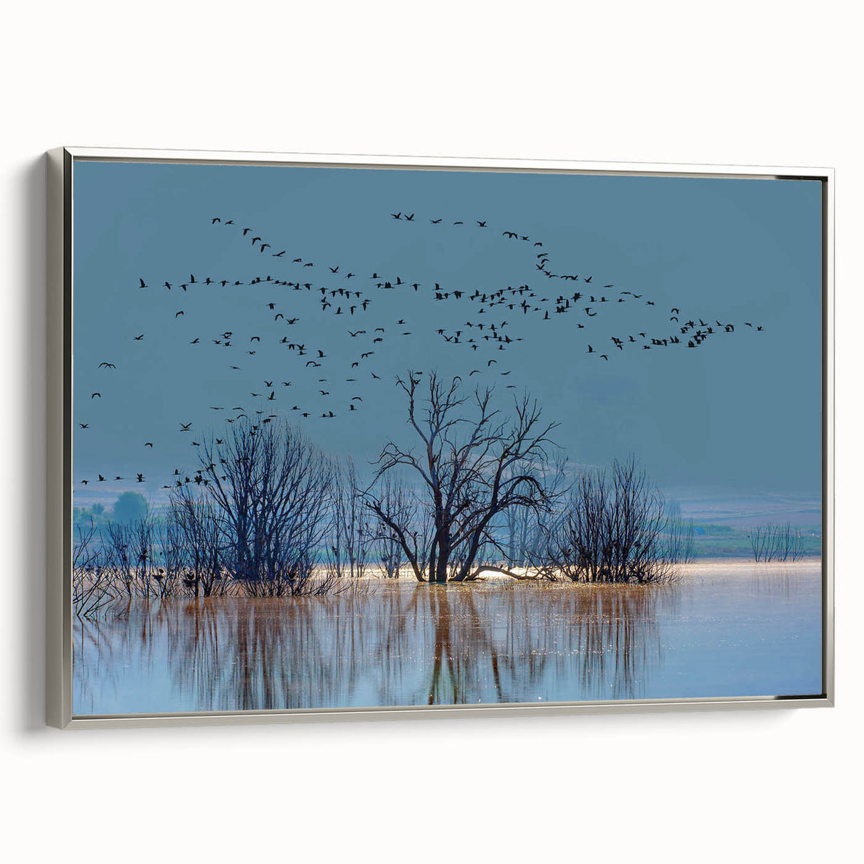 Framed wall art featuring a silver side view of an elegant crane design, showcasing intricate details and vibrant colors, perfect for modern home decor.