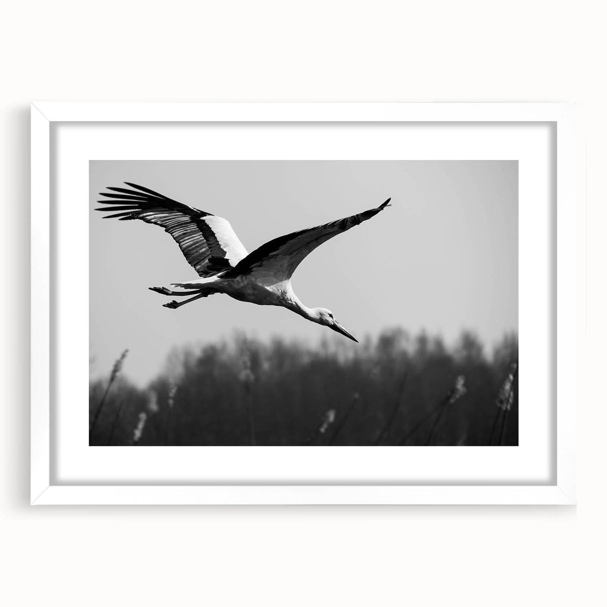 Framed wall art featuring a serene crane design in soft pastel colors, displayed with a white mat, perfect for enhancing modern home decor and creating a calming atmosphere.