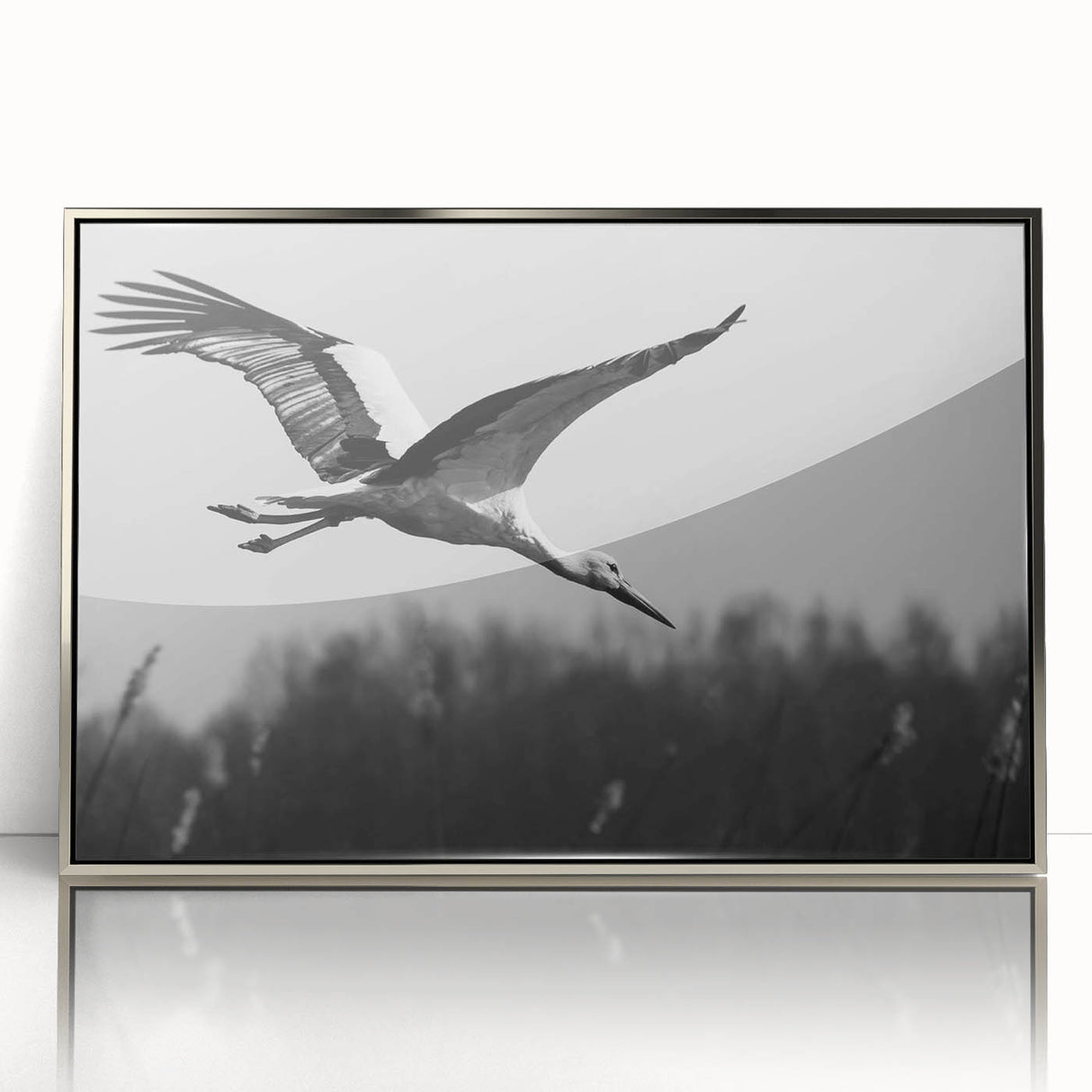 Framed wall art featuring an elegant crane design in silver acrylic, showcasing intricate details and a contemporary aesthetic, perfect for modern home decor.