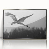 Framed wall art featuring an elegant crane design in silver acrylic, showcasing intricate details and a contemporary aesthetic, perfect for modern home decor.
