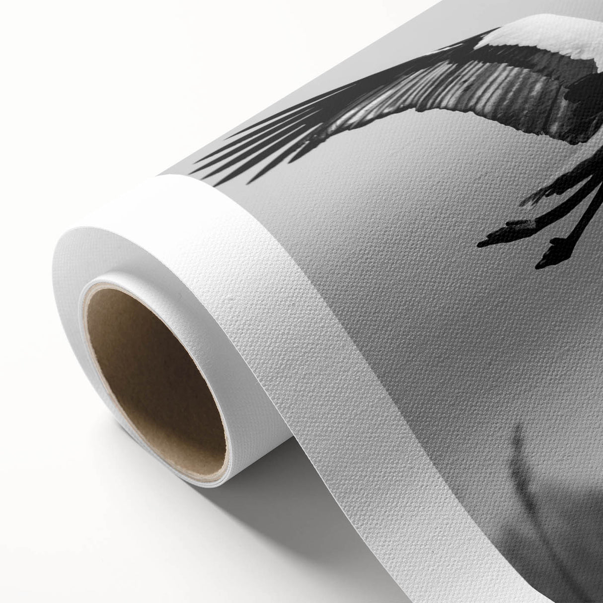 Elegant rolled canvas showcasing a crane design with intricate details and vibrant colors, perfect for enhancing home decor. Packaged securely in a sturdy cardboard tube for safe delivery.