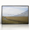 Framed wall art showcasing an elegant crane design, featuring a sleek black border and acrylic finish, ideal for modern decor. Perfect for enhancing living spaces or offices.