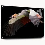 Elegant side view of a crane design wall art piece featuring vibrant colors displayed in a sleek frame, showcasing its contemporary acrylic glass finish and secure pin mount, perfect for modern decor.