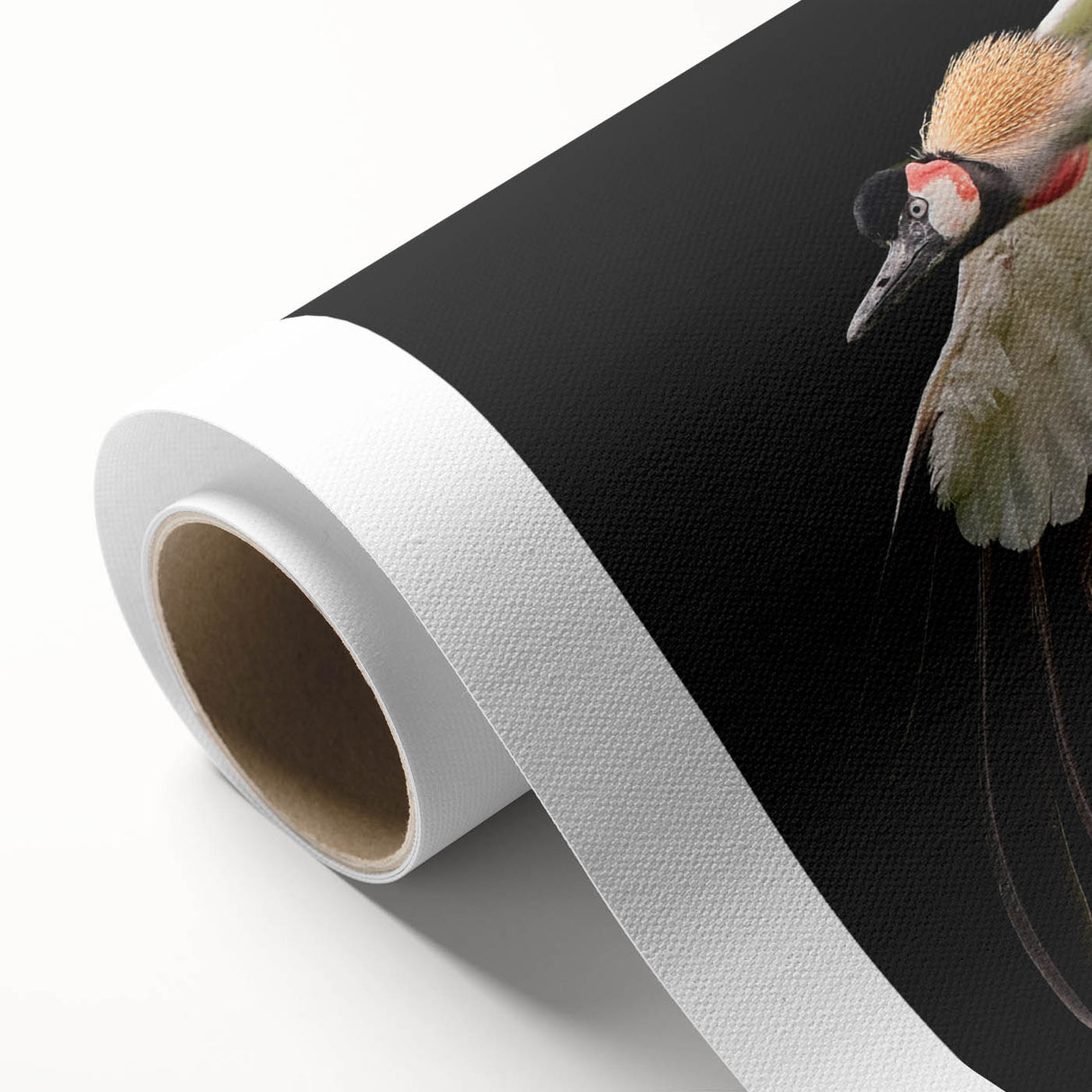 Elegant rolled canvas artwork showcasing a vibrant crane design in intricate detail, perfect for enhancing home decor, presented in a protective cardboard tube.