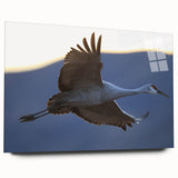 Side view of a contemporary wall art piece featuring a crane design, printed on acrylic glass, showcasing vibrant colors and intricate details, ideal for modern home decor.