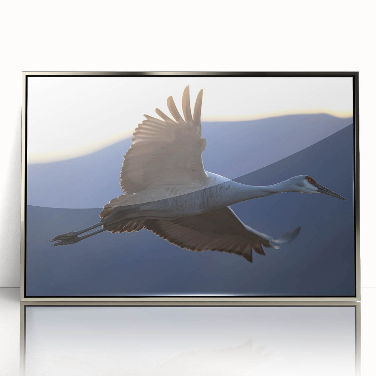 Framed wall art showcasing a stunning silver-accented crane design, perfect for modern home decor. The intricate details and elegant finish enhance any living space.