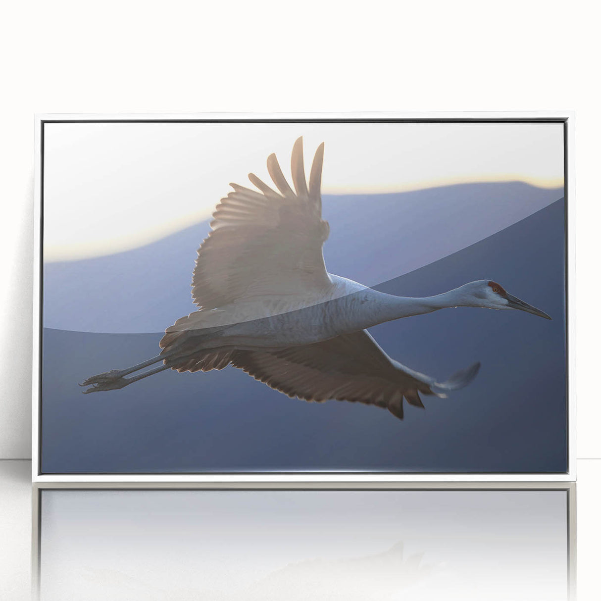 Framed wall art featuring a crane design, crafted with acrylic and a white frame, showcasing elegant bird motifs in a contemporary style, perfect for home decor.