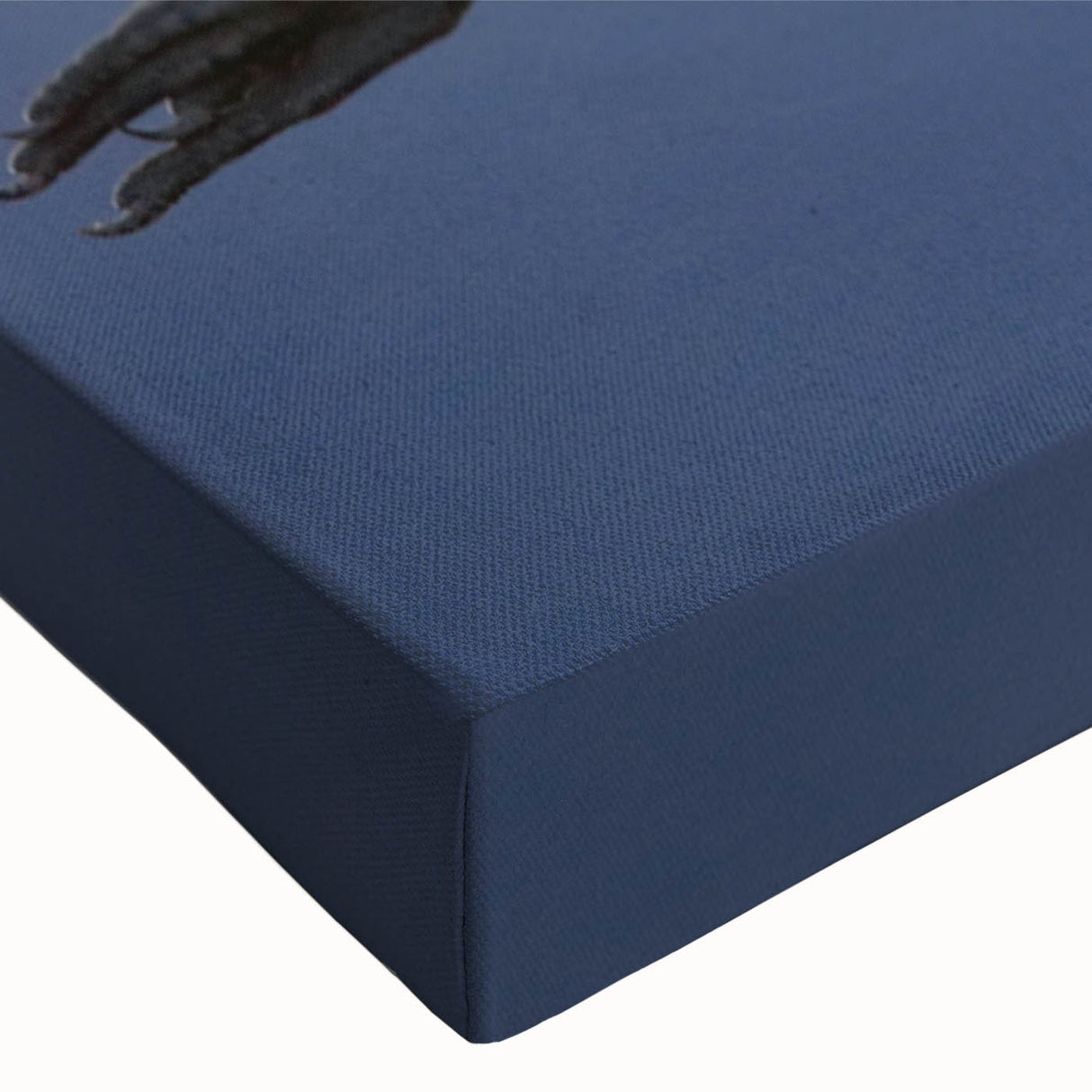 Close-up of a vibrant stretched canvas featuring a detailed crane design in shades of blue and gold, perfect for modern home decor and art enthusiasts.