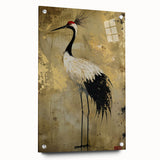 Close-up view of a bird crane design wall art piece displayed in acrylic glass, showcasing vibrant colors and intricate details, ideal for modern decor.