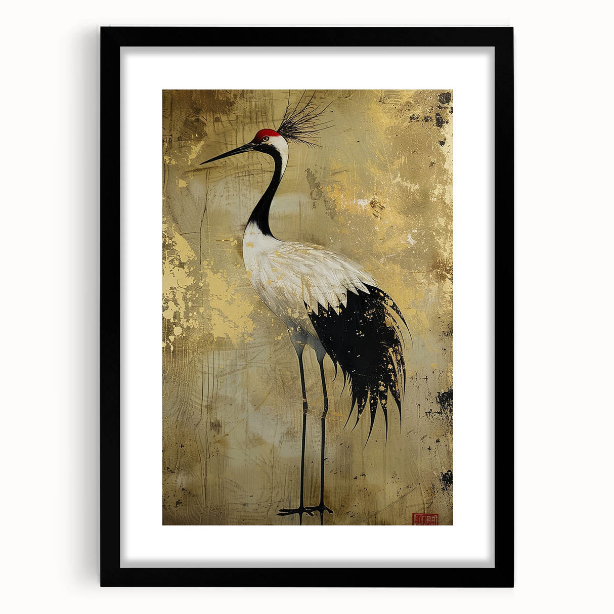 Framed wall art featuring a striking crane design, presented in a sleek black frame with a mat, ideal for modern decor. Perfect for bird lovers and art enthusiasts.