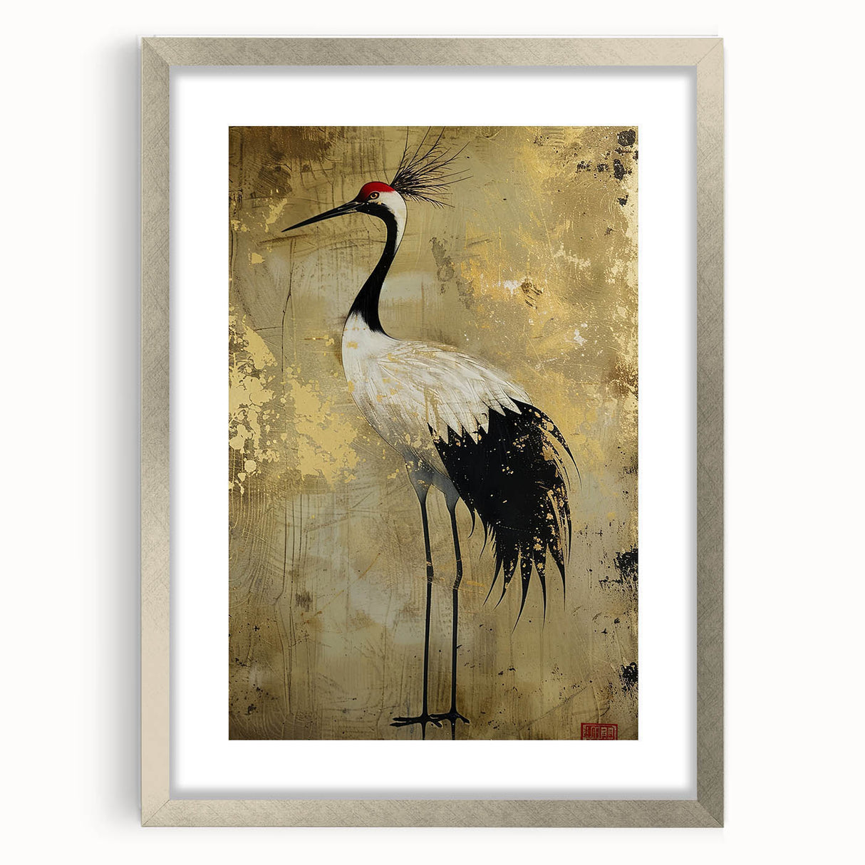 Elegant silver-framed wall art featuring a crane design, showcasing intricate details and a sophisticated mat, perfect for enhancing modern home decor.