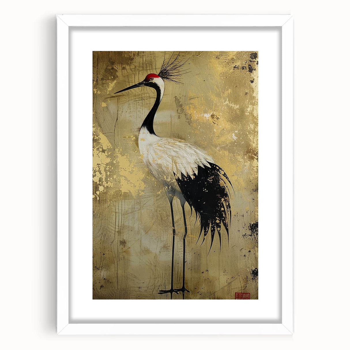 Framed wall art featuring an elegant crane design on a white background, showcasing intricate details and a modern aesthetic, perfect for home decor.