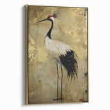 Framed wall art showcasing a gold-accented crane design on canvas, highlighting intricate details and a sleek side view, perfect for modern decor.