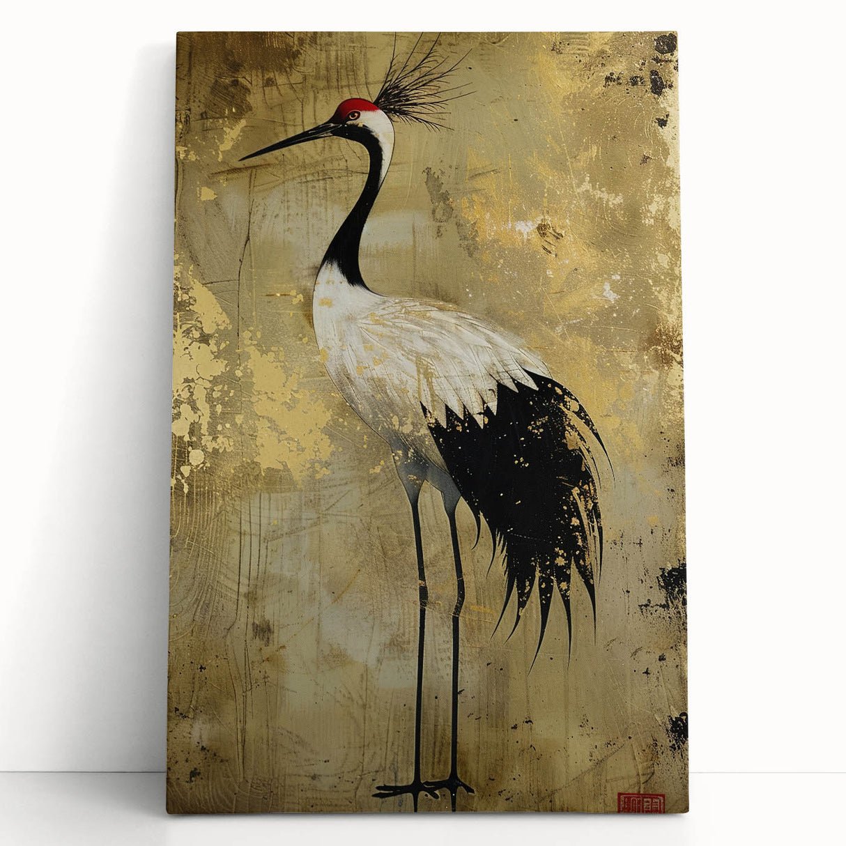 Elegant crane design wall art on stretched canvas, showcasing a serene blue and gold color palette, perfect for modern home decor. Ideal for nature lovers.