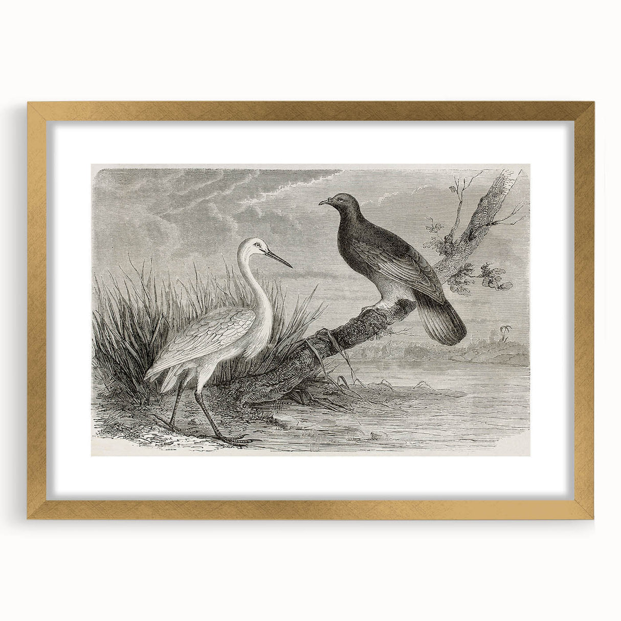 Framed wall art featuring an elegant crane design in gold, showcased with a mat, highlighting intricate details and sophisticated aesthetics for home décor.