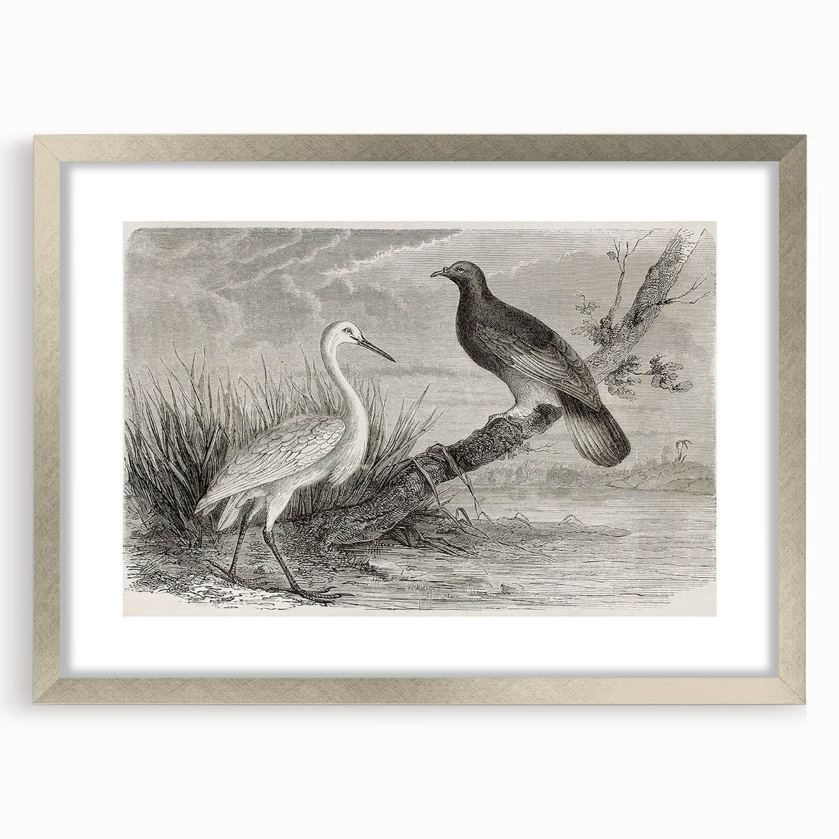 Framed wall art featuring a graceful crane design in silver tones, elegantly displayed with a mat, ideal for enhancing modern home decor.