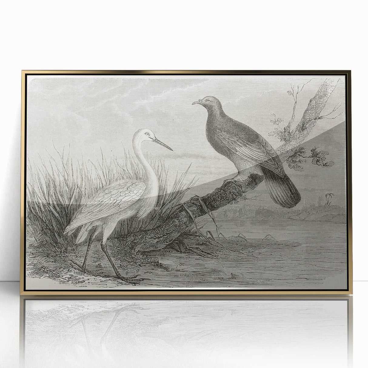 Framed wall art featuring an elegant crane design in gold tones, showcasing intricate details and a modern aesthetic. Ideal for adding sophistication to home decor.