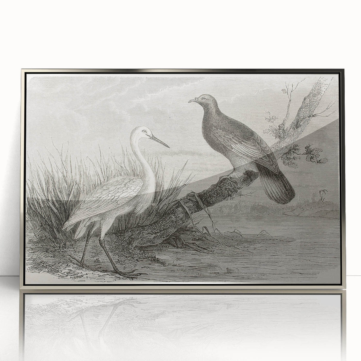 Framed wall art featuring a graceful crane design in a silver acrylic finish, showcasing elegant colors and modern aesthetics, perfect for home decor.