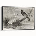 Framed canvas wall art showcasing an elegant crane design in black tones, set against a minimalist background, perfect for modern home decor.