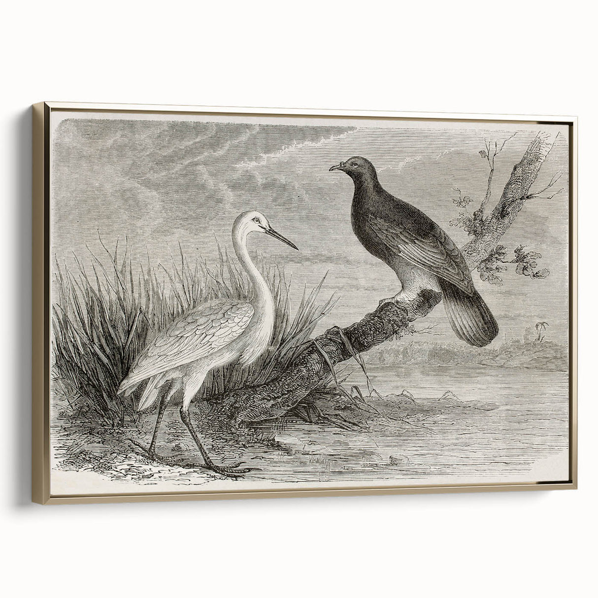 Elegant framed wall art featuring a crane design in gold tones, showcasing a sophisticated side view that enhances any decor with its modern aesthetic. Perfect for adding a touch of luxury to interior spaces.